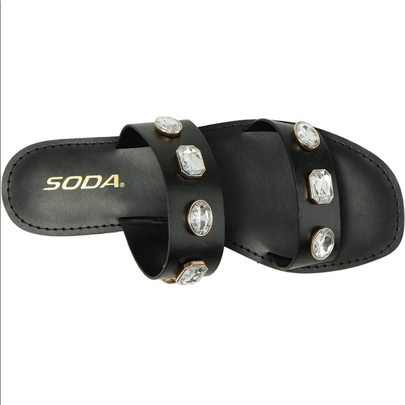 Women Flat 2 Bands Stripe Fashion Shine Rhinestone Jewel Gem Slide Sandal